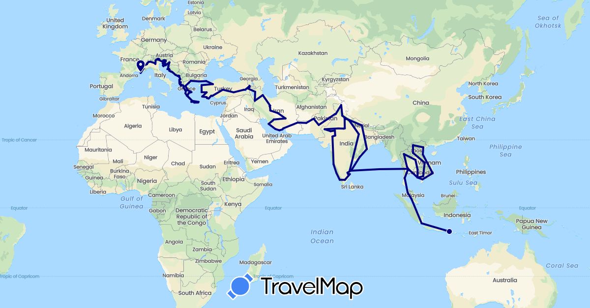 TravelMap itinerary: driving in Albania, France, Greece, Croatia, Indonesia, India, Iran, Italy, Cambodia, Laos, Montenegro, Malaysia, Nepal, Pakistan, Slovenia, Thailand, Turkey, Vietnam (Asia, Europe)